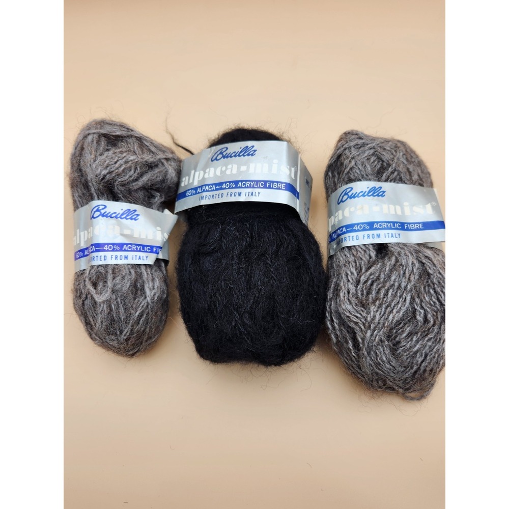 Bucilla Vintage Alpaca Mist Yarn Knitting Skeins Grey Black Lot of 3 Italian NOS